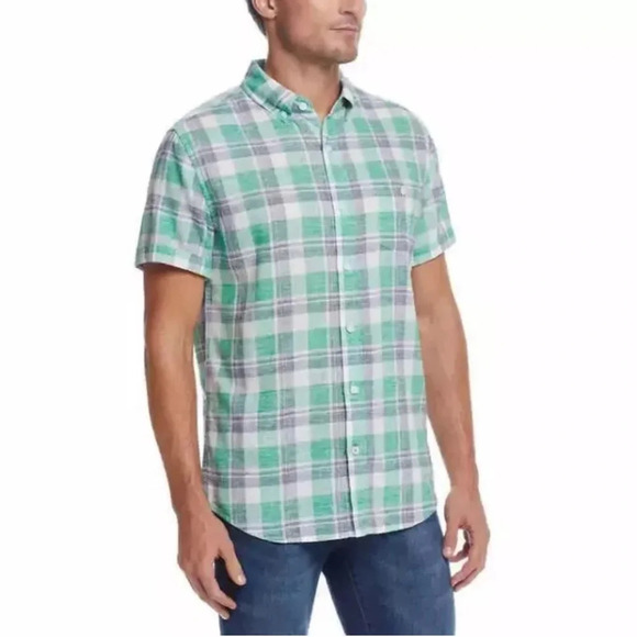 Weatherproof Vintage Men’s Washable Linen Short Sleeve Woven Shirt, Green Large - Picture 2 of 5